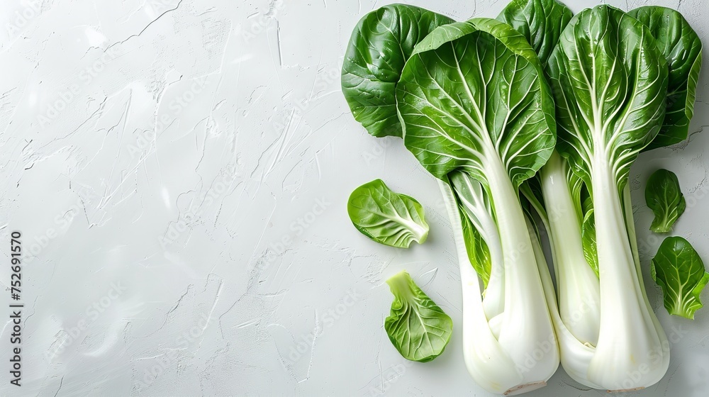 Organic fresh bok choy or pak choy in a white surface with a big space for text or product and a top view, Generative AI. - obrazy, fototapety, plakaty 