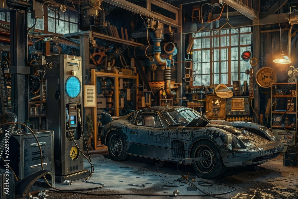 Fototapeta premium messy garage, illuminated by the soft glow of an old gas pump