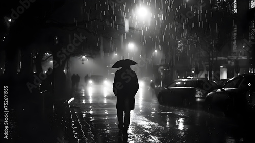 Woman Walking in the Rain at Night in Film Noir Style © vanilnilnilla