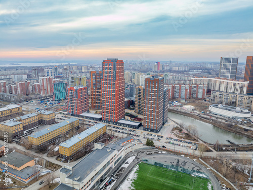 Yekaterinburg aerial panoramic view at spring in cloudy day. Ekaterinburg is the fourth largest city in Russia located in the Eurasian continent on the border of Europe and Asia.