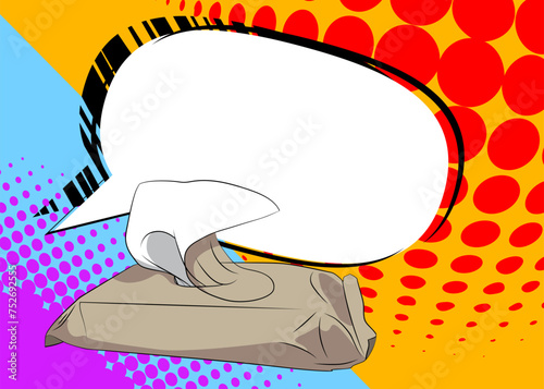 Cartoon Baby Wipe with blank speech bubble, comic book Wet Wipe background. Retro vector comics pop art design.