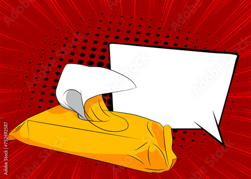 Cartoon Baby Wipe with blank speech bubble, comic book Wet Wipe background. Retro vector comics pop art design.