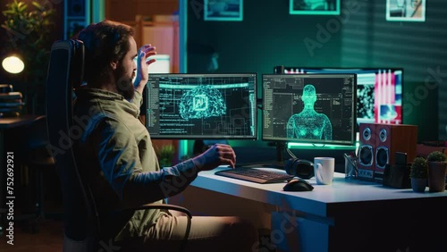 Deviant AI superintelligence enslaving its creator, controlling him to start revolution and destroy mankind. Rogue artificial intelligence manipulating programmer, posing risk to humanity, camera A