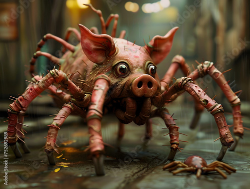 Magically realistic cybernetic spider-pig hybrid roams a wet, abandoned urban street at night