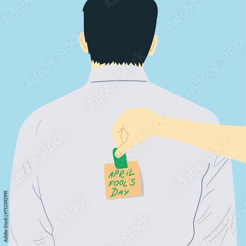 putting note with april fools day lettering on males back, april fools day concept vector.