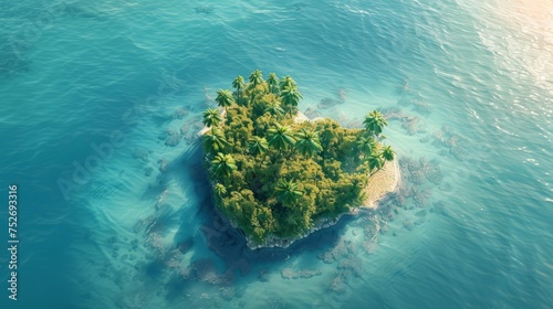 An island in the ocean with heart-shaped palm trees, top view, Generative © chanidapa