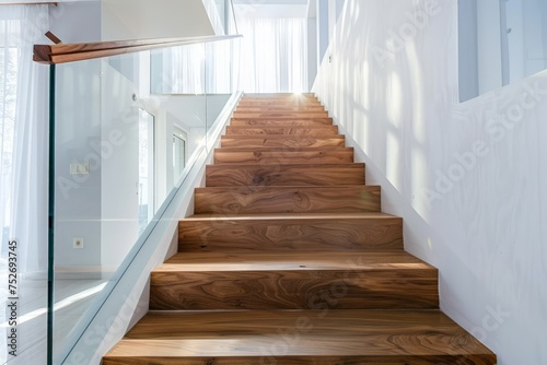 A set of wooden stairs inside a contemporary white modern house leads to the second floor.