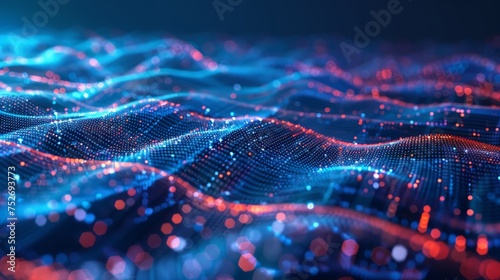 Cyber big data flow. Blockchain data fields. Network line connect stream. Concept of AI technology, photo