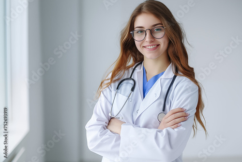 Young female doctor standing with her arms crossed in a brightly hospital corridor
