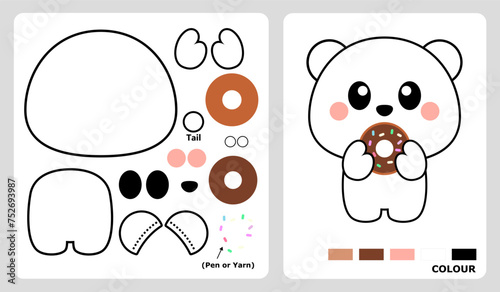 Pattern of a bear eating a donut for children's crafts for paper crafts. Bear puzzle in vector illustration. cut and paste patterns for children's crafts.