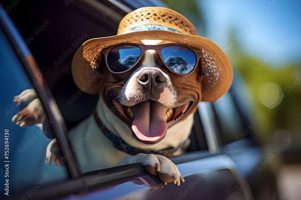 Happy dog wearing sunglasses and straw hat looks out of the car window. Generative ai