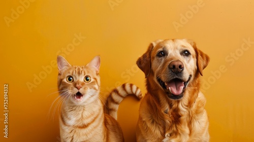 Labrador retriever dog panting and ginger cat sitting in front of dark yellow background