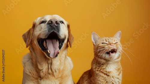 Labrador retriever dog panting and ginger cat sitting in front of dark yellow background © chanidapa
