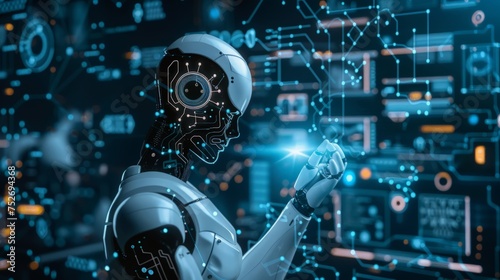Man using tools AI. technology smart robot science and artificial intelligence technology, and innovation futuristic and global connection for providing access to information and data online network, photo