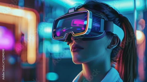 Metaverse technology concept. Woman with VR virtual reality goggles is working in the office. Futuristic lifestyle. photo