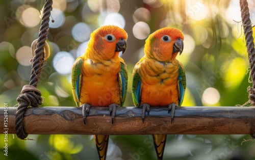 Snapshot of Two Sun Conures Cuddling on a Swing