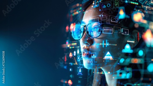 portrait of a woman with virtual reality projections of digital icons around her face