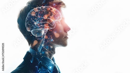 Profile of handsome young European businessman head with double exposure of artificial intelligence brain hologram over white background.