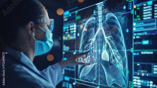 Radiology Doctor working diagnose treatment virtual Human Lungs and long Covid 19 on modern interface screen.