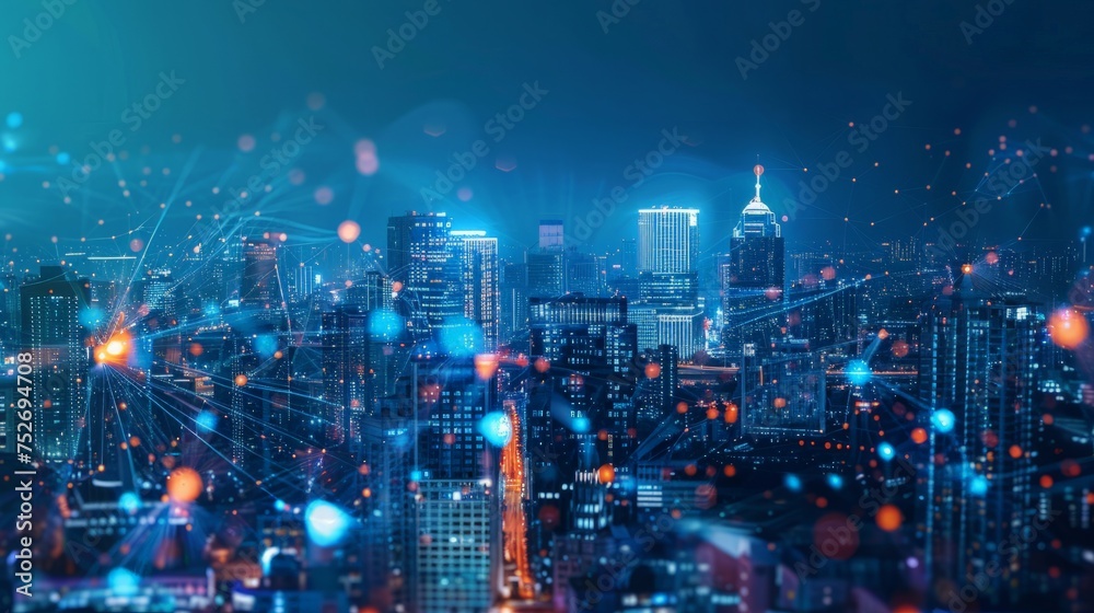 Fototapeta premium Smart city and digital transformation. Cityscape, telecommunication and communication network concept.