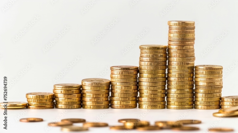 Stacks of golden coins forming going down graph on the white background. Concept of regression in finance, investment, Stacks of golden coins forming going down graph on the white background. Concept of regression in finance, investment,