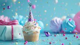 Birthday party background with birthday cupcake, birthday gift and birthday party hat
