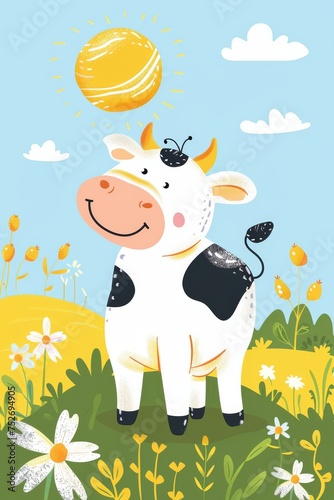 cute cow with nature background. children llustration