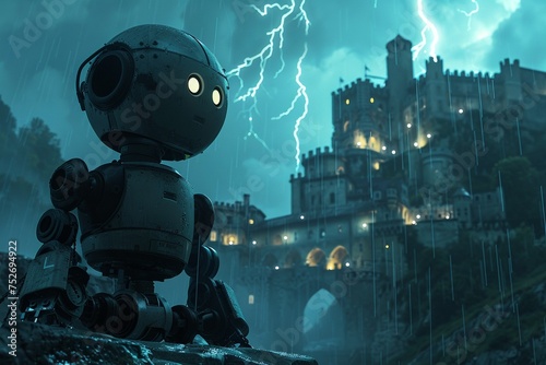 Amidst a fierce lightning storm a smart factory robot explores the ancient walls of a medieval castle creating a striking contrast between futuristic technology and historical architecture