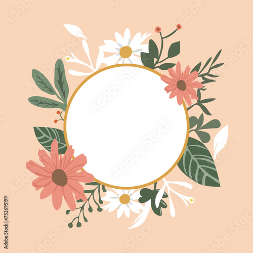 Flower decoration wedding background with rounded white empty badge