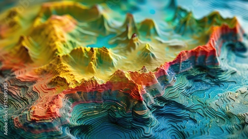 hydrographic terrain map of the ocean floor, red, yellow, green, blue, mapping highs and low points, high definition, realistic,  © jamrut