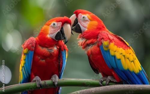 Intimate Perching, Scarlet Macaws Amidst a Green Backdrop © Pure Imagination