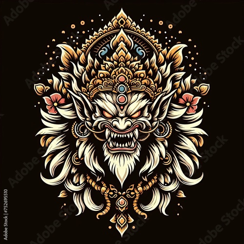 Wallpaper Mural Highly decorative mythological character illustration combining Hindu symbolism and Balinese ornamental style. The design features intricate patterns, sacred crown ornaments, lotus elements, and a sym Torontodigital.ca