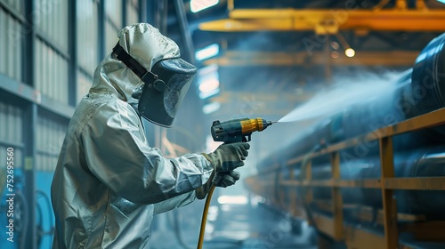 Portrait of a worker doing spray painting with wearing safety costume and a big blurry backdrop and space for text or product, Generative AI. photo