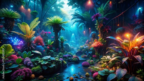 Tropical garden with colorful flowers and plants in the night.