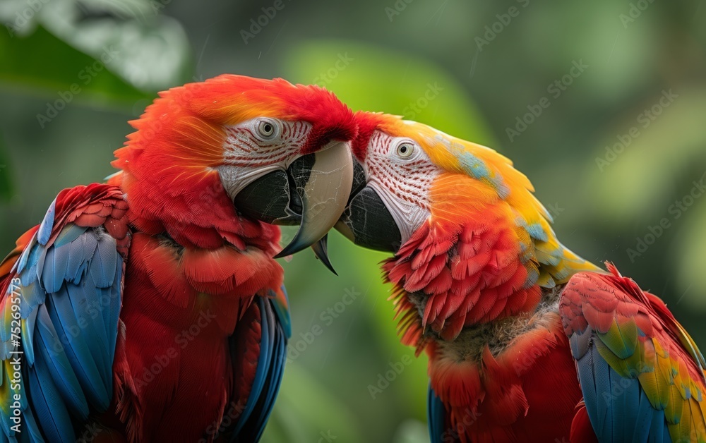 Obraz premium Vibrant Contrast, Scarlet Macaws Intimately Perched Amidst Greenery