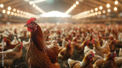 Portrait of chickens in chicken farm under a roof with a big blurry backdrop with lots of chickens and space for text or product, Generative AI.