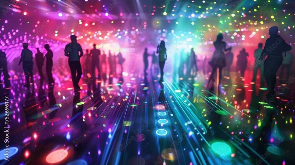 Dazzling virtual dance floor pulsing with energy, as vibrant lights and infectious beats fill the digital air.