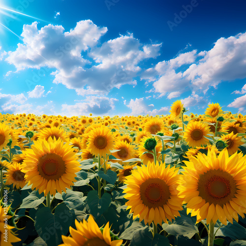 A field of sunflowers under a bright blue sky.