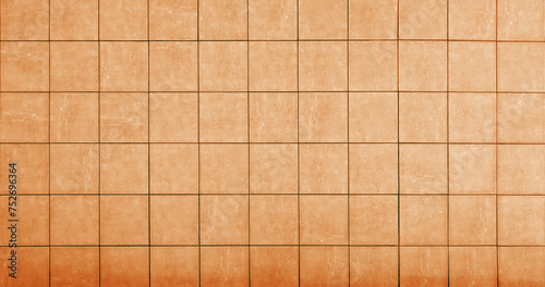 Top view of exterior ceramic floor with terracotta effect. Non-slip reddish, brown and beige matte square terrace and porch porcelain stoneware tiles texture or background. © cabado