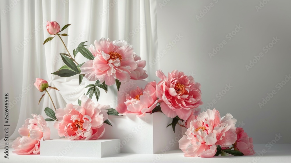 Obraz premium Stylish pink peonies arrangement against a white modern interior backdrop.
