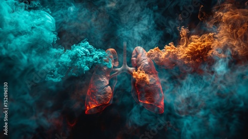 Conceptual image of human lungs with smoke on one side and flames on the other, health hazards.