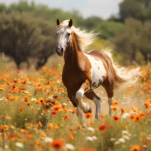 A horse galloping in a field of wildflowers.