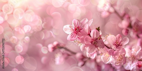 Elegant cherry blossoms in full bloom against a pink bokeh background.