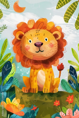 cute lion with nature background. children illustration