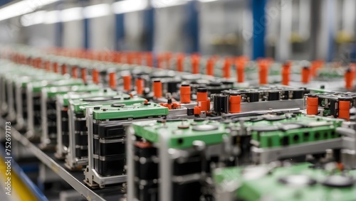 Close-up perspective of electric vehicle battery cells on a mass production assembly line Generative AI