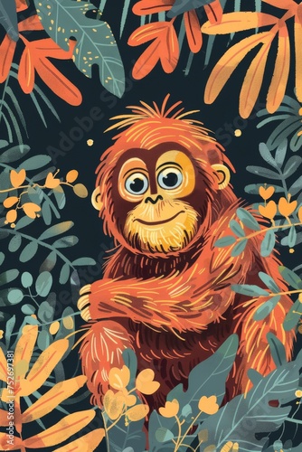 cute orangutan with nature background. children illustration photo