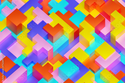  3D illustration volumetric  colorful  cubes. Parallelogram pattern. Technology geometry neon background
