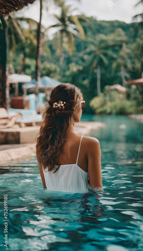 Serene woman in a white dress enjoying a tranquil pool surrounded by tropical greenery.