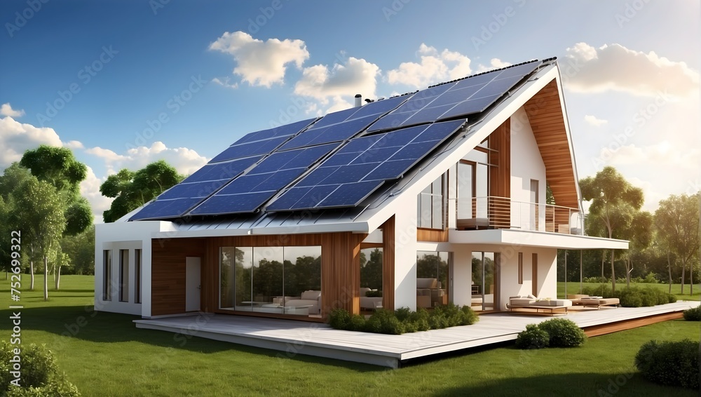 Naklejka premium Eco-engineering solar power systems on house roofs for sustainable living environments Generative AI