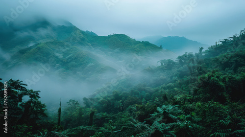 analogue still high angle shot of a foggy rain forest landscape © shiroi